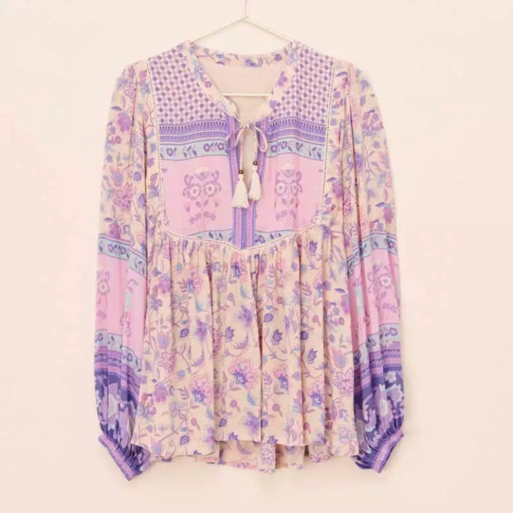 Lavender & Cream Floral Bohemian Gypsy Blouse - Picture 2 of 3